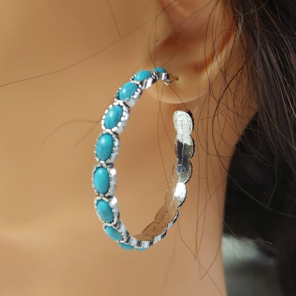 Jewelry - Earrings, Large Hoops, Turquoise and silver, ~NEW~